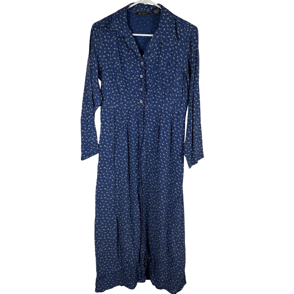 Eddie Bauer Womens Rayon Button Front Maxi Blue Vintage Y2K Cottagecore Floral